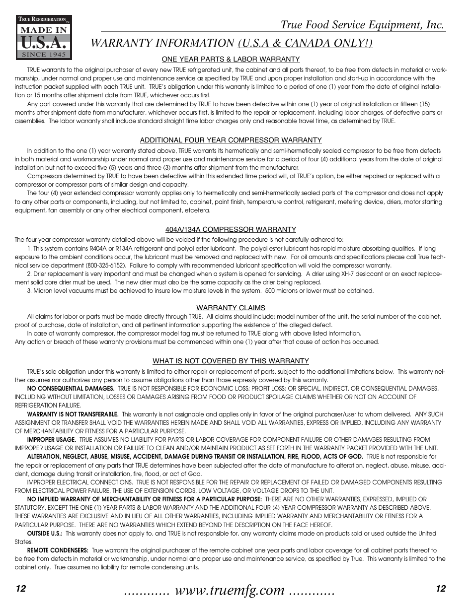 U.s.a, True food service equipment, inc, Warranty information (u.s.a & canada only!) | True Manufacturing Company THF-41FL User Manual | Page 14 / 14