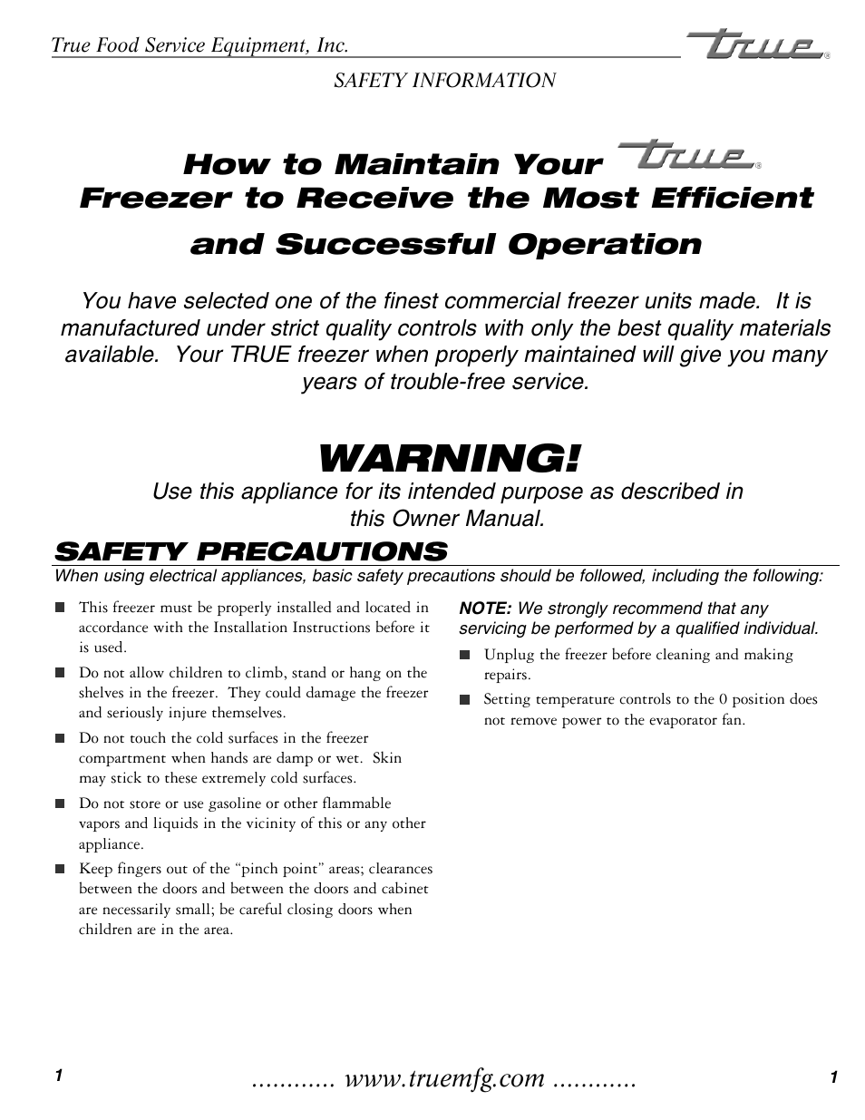 Warning, Safety precautions | True Manufacturing Company THF-41FL User Manual | Page 3 / 14