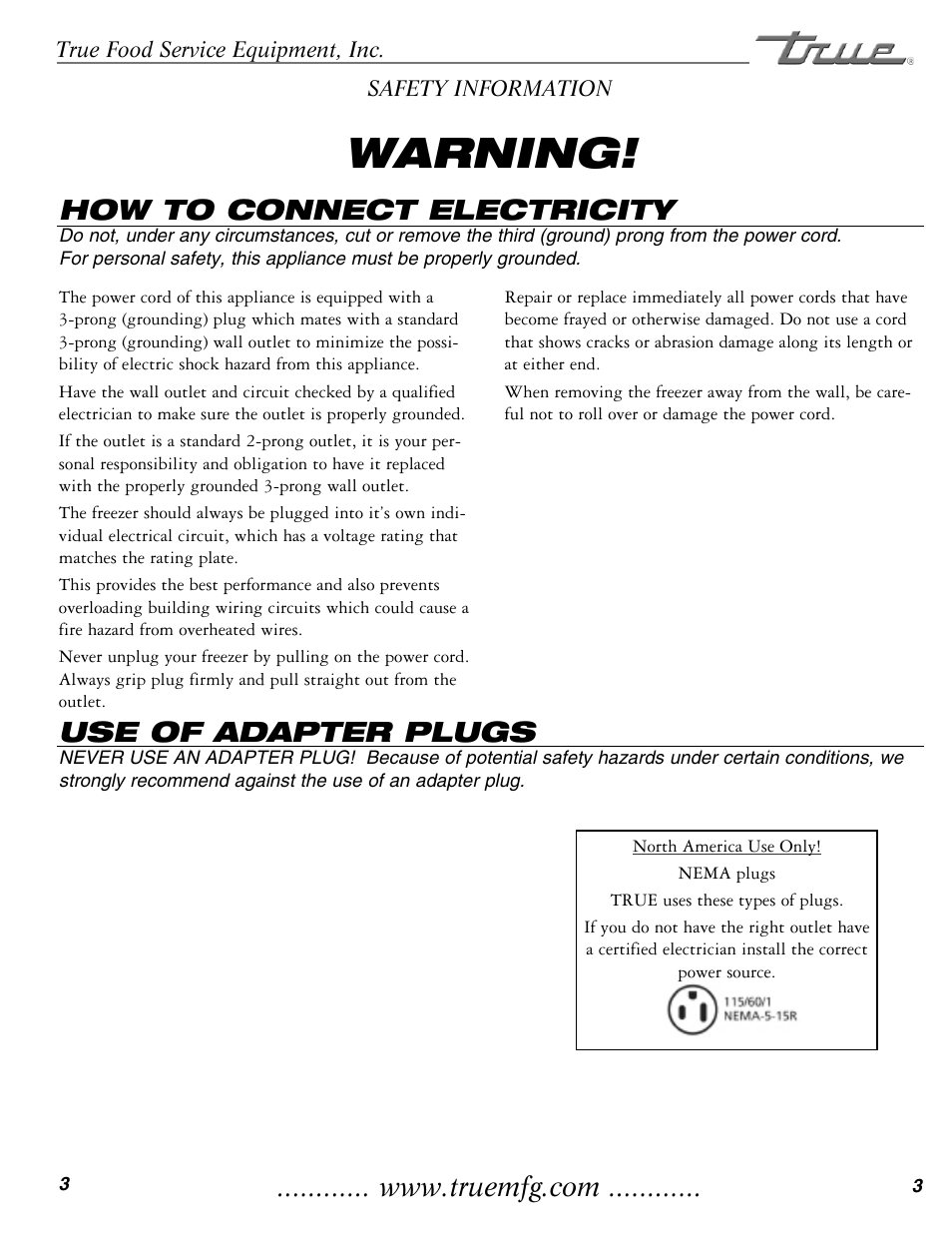 Warning, How to connect electricity, Use of adapter plugs | True Manufacturing Company THF-41FL User Manual | Page 5 / 14