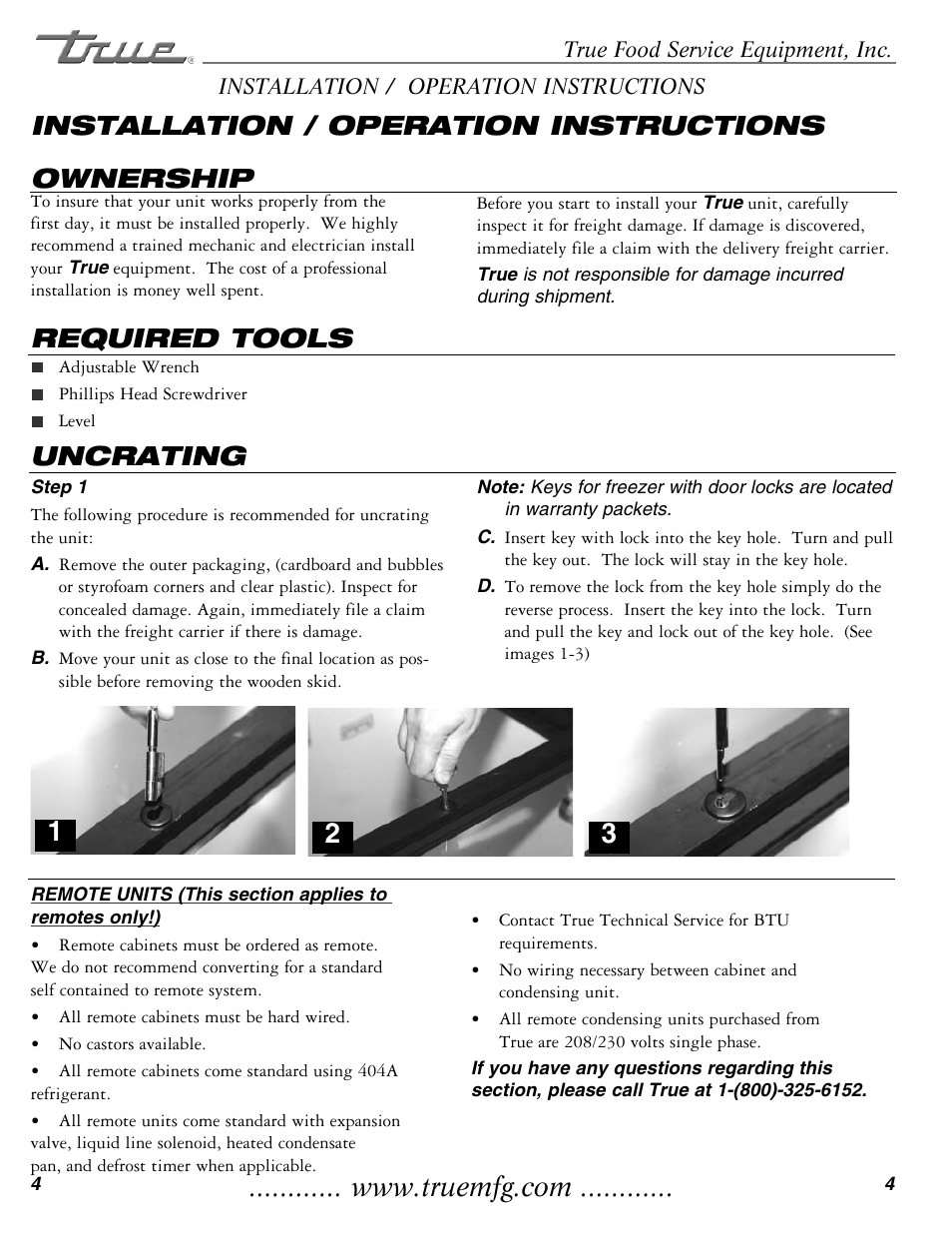 Ownership, Required tools, Uncrating installation / operation instructions | True Manufacturing Company THF-41FL User Manual | Page 6 / 14