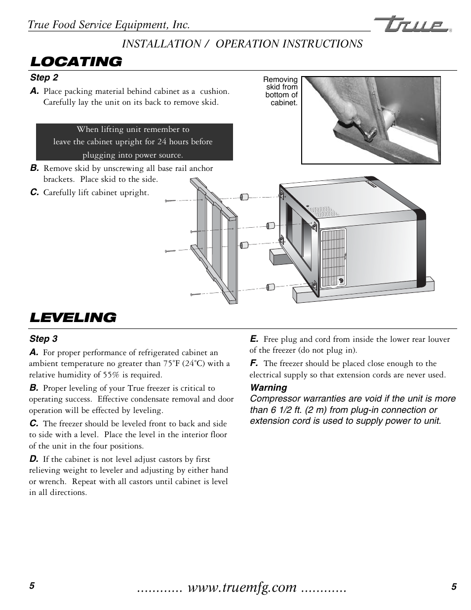 Locating, Leveling | True Manufacturing Company THF-41FL User Manual | Page 7 / 14