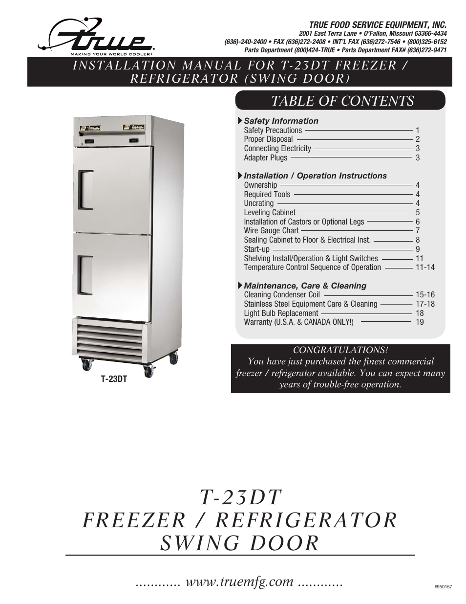 True Manufacturing Company Freezer / Refridgerator Swing Door T-23DT User Manual | 21 pages