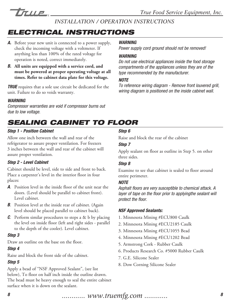 Electrical instructions, Sealing cabinet to floor | True Manufacturing Company Freezer / Refridgerator Swing Door T-23DT User Manual | Page 10 / 21