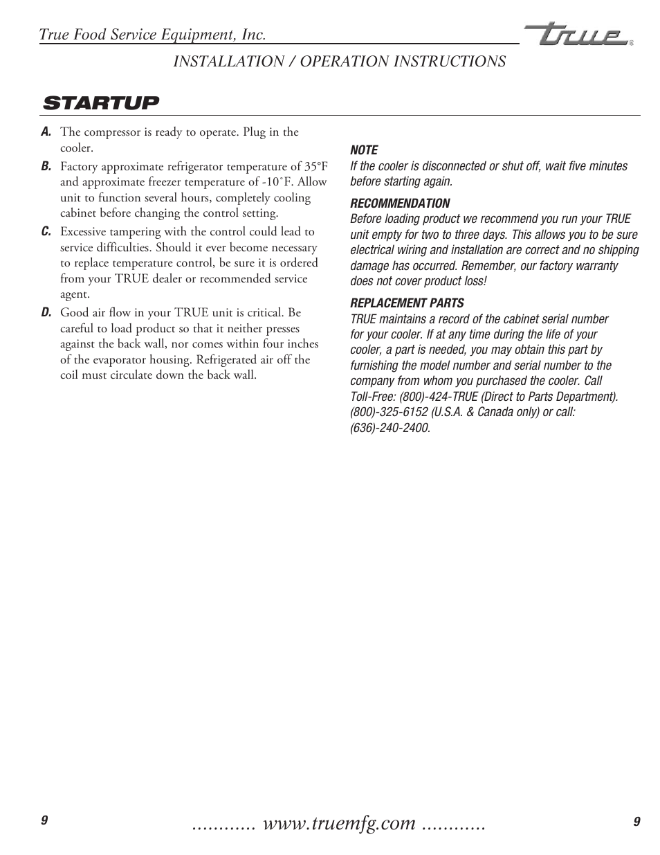 Startup | True Manufacturing Company Freezer / Refridgerator Swing Door T-23DT User Manual | Page 11 / 21