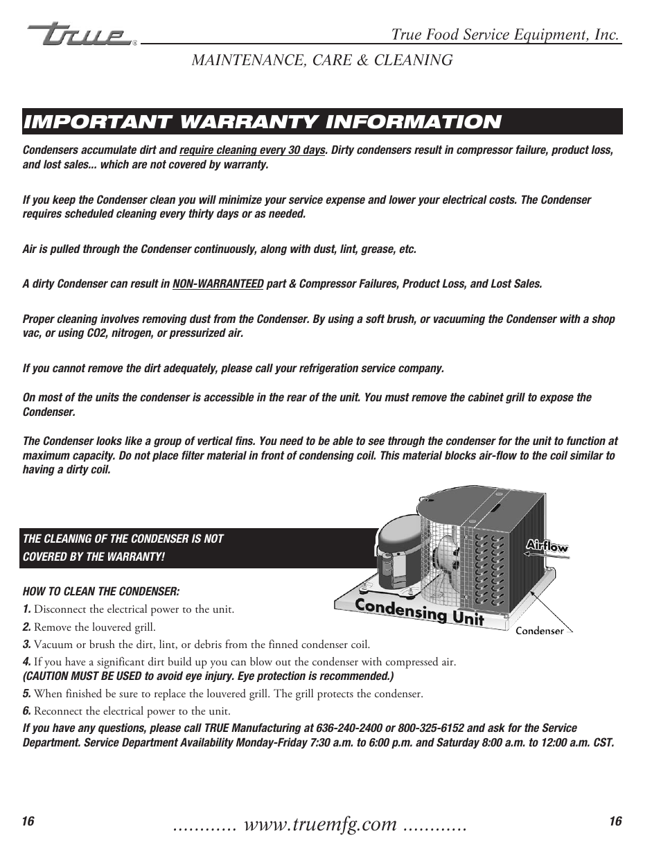 Important warranty information | True Manufacturing Company Freezer / Refridgerator Swing Door T-23DT User Manual | Page 18 / 21