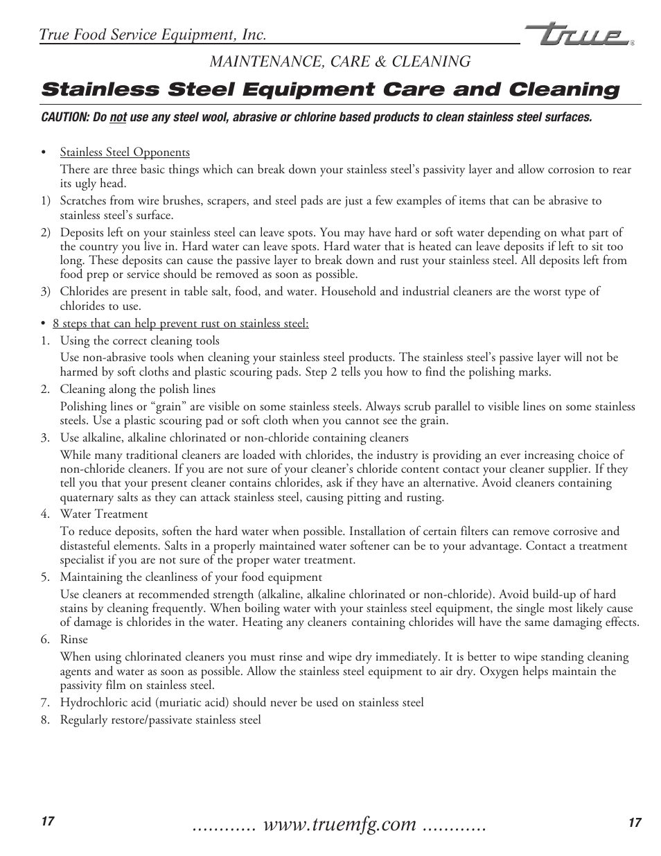 Stainless steel equipment care and cleaning | True Manufacturing Company Freezer / Refridgerator Swing Door T-23DT User Manual | Page 19 / 21