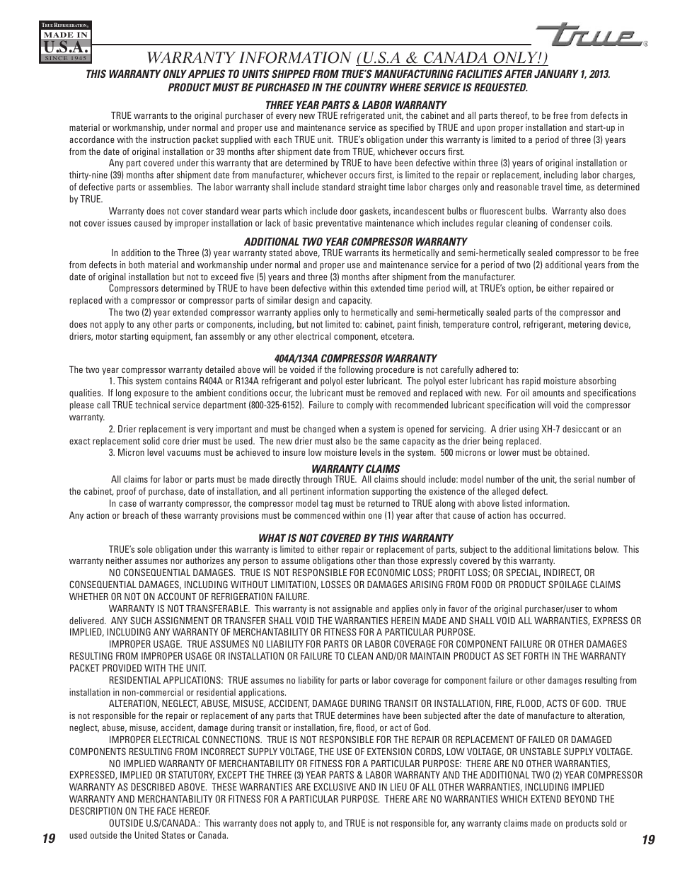 U.s.a, Warranty information (u.s.a & canada only!) | True Manufacturing Company Freezer / Refridgerator Swing Door T-23DT User Manual | Page 21 / 21