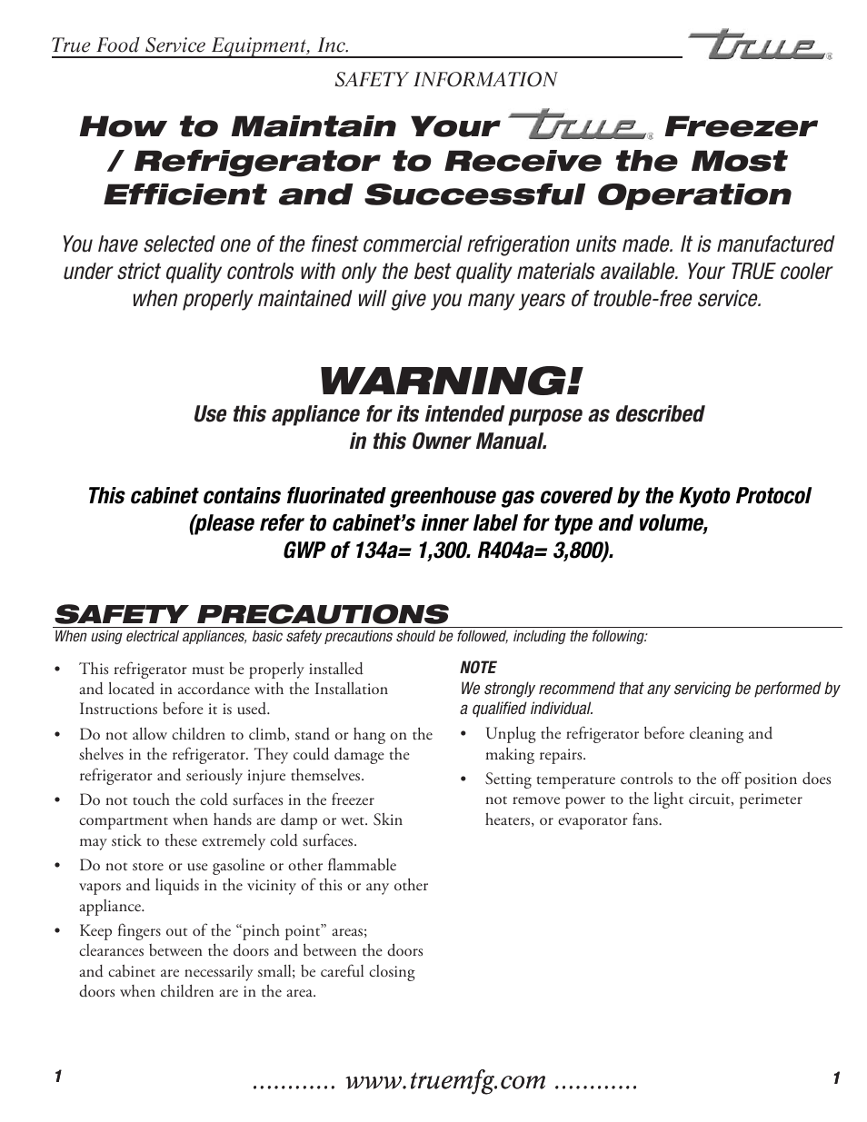 Warning, Safety precautions | True Manufacturing Company Freezer / Refridgerator Swing Door T-23DT User Manual | Page 3 / 21