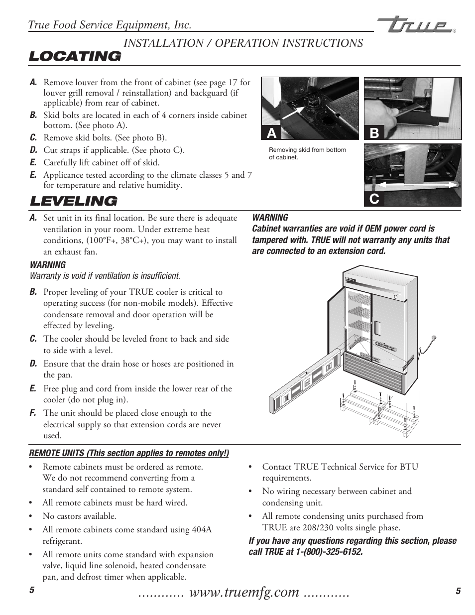 Ab c, Leveling locating | True Manufacturing Company Freezer / Refridgerator Swing Door T-23DT User Manual | Page 7 / 21