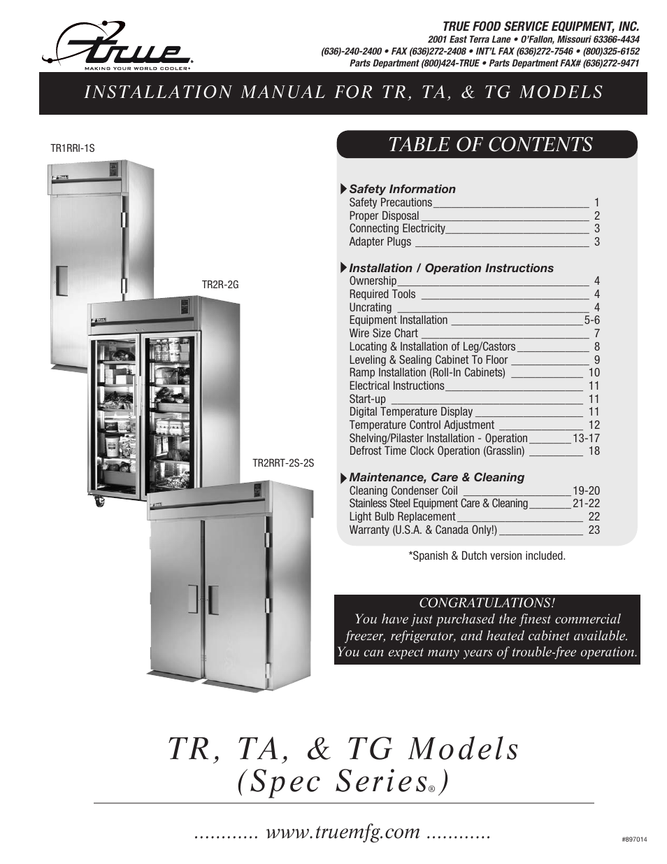 True Manufacturing Company TR1RRI-1S User Manual | 25 pages