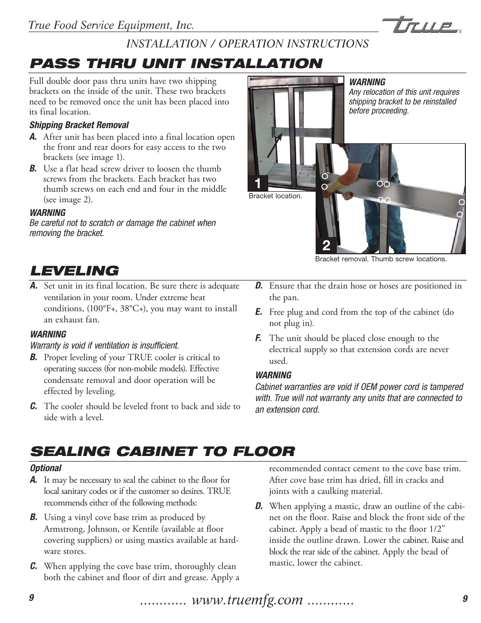 Leveling sealing cabinet to floor, Pass thru unit installation | True Manufacturing Company TR1RRI-1S User Manual | Page 11 / 25