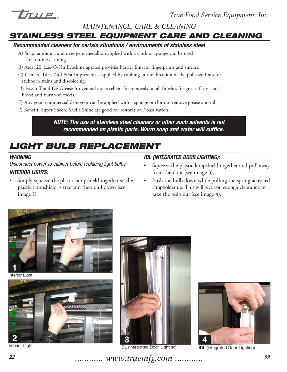 Light bulb replacement, Stainless steel equipment care and cleaning | True Manufacturing Company TR1RRI-1S User Manual | Page 24 / 25