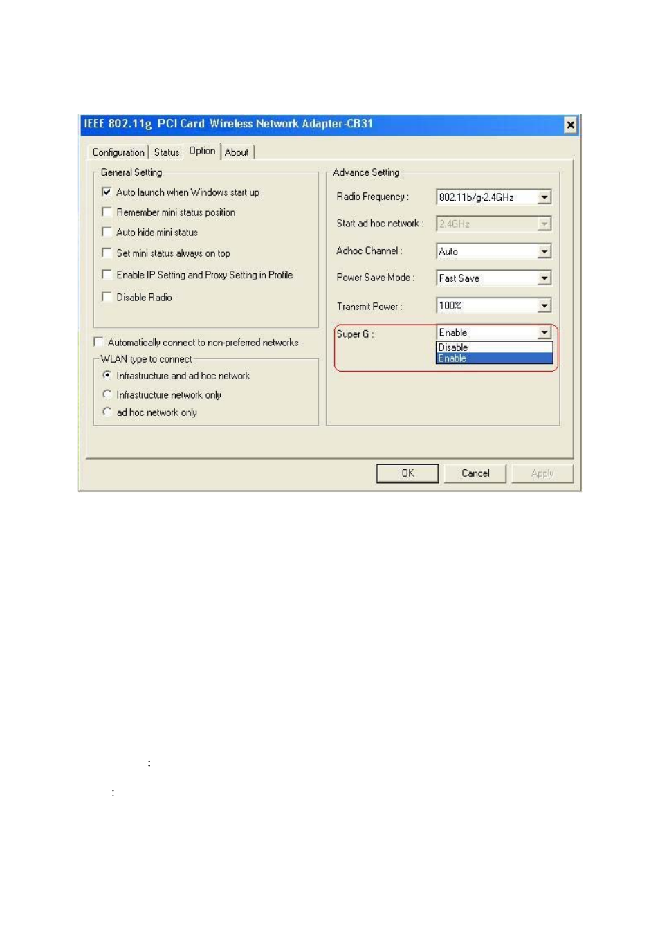108mbps superg wireless pci adapter, Option tab | Trust Computer Products Super G 802.11g User Manual | Page 26 / 33