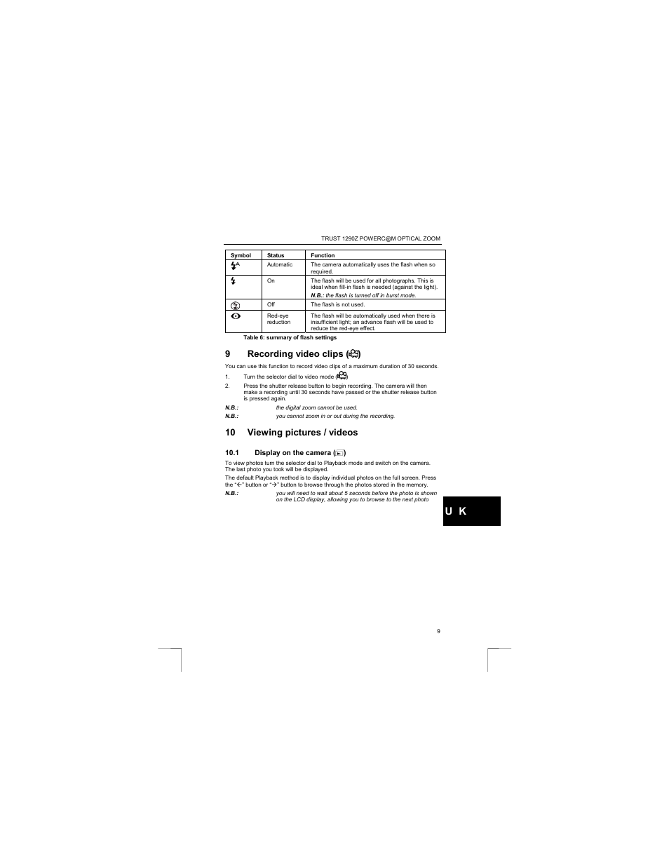 9recording video clips ( ), 10 viewing pictures / videos | Trust Computer Products 1290Z User Manual | Page 13 / 25