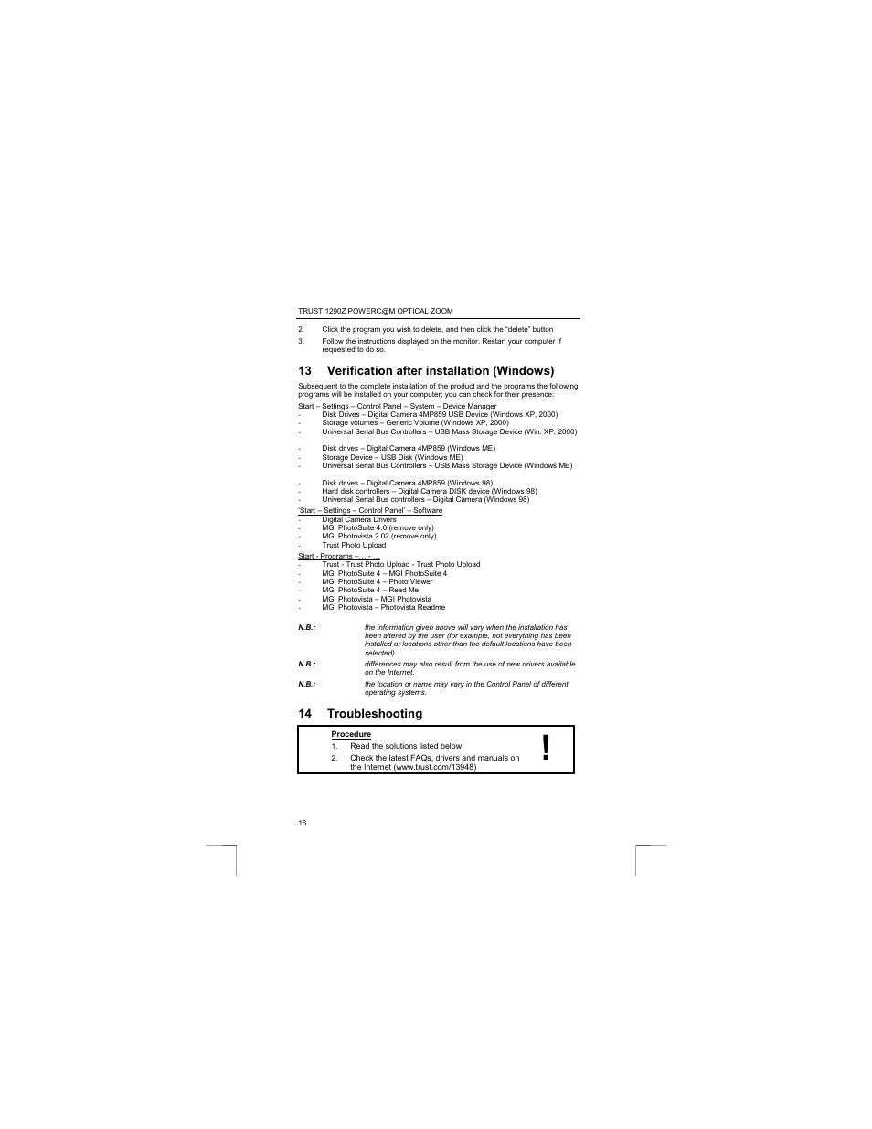 13 verification after installation (windows), 14 troubleshooting | Trust Computer Products 1290Z User Manual | Page 20 / 25