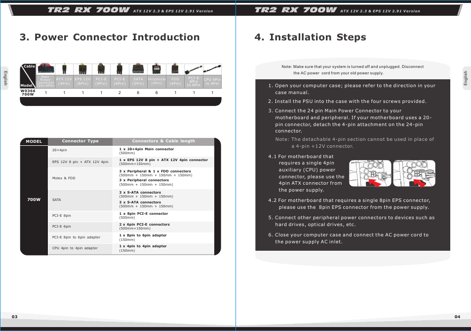 Power connector introduction, Installation steps, Tr2 rx 700w | Thermaltake TR2 RX 700w User Manual | Page 4 / 6
