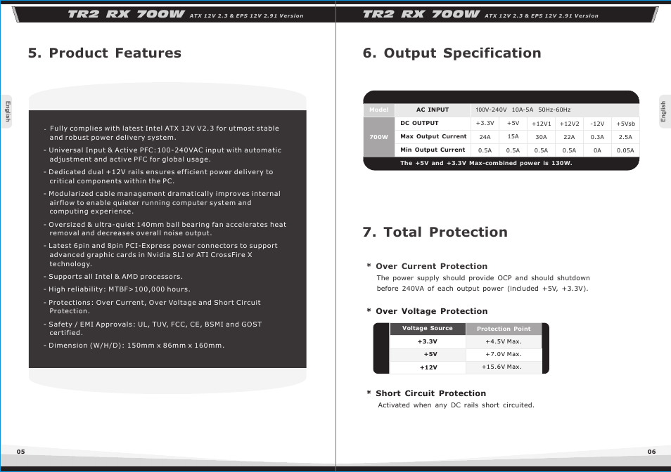 Product features, Output specification, Total protection | Tr2 rx 700w | Thermaltake TR2 RX 700w User Manual | Page 5 / 6