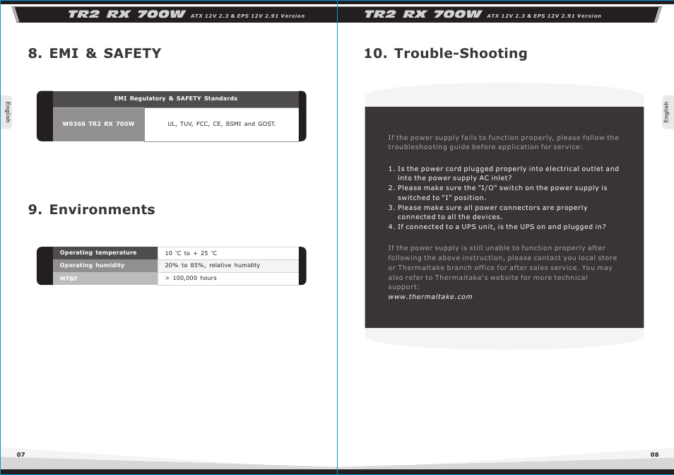 Trouble-shooting, Environments, Emi & safety | Tr2 rx 700w | Thermaltake TR2 RX 700w User Manual | Page 6 / 6
