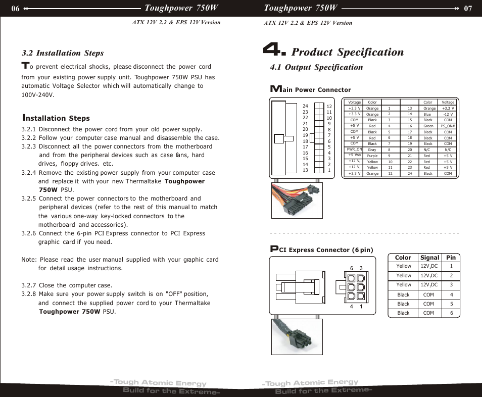 P10¡bp03, Product specification, Toughpower 750w | 1 output specification 3.2 installation steps, Nstallation steps | Thermaltake EPS 12V User Manual | Page 5 / 10