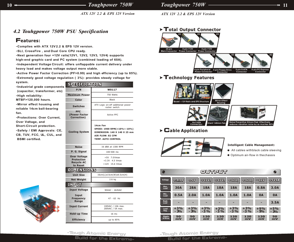 P08¡bp05, Toughpower 750w, 2 touhgpower 750w psu specification | Echnology features, Otal output connector, Able application, Eatures | Thermaltake EPS 12V User Manual | Page 7 / 10