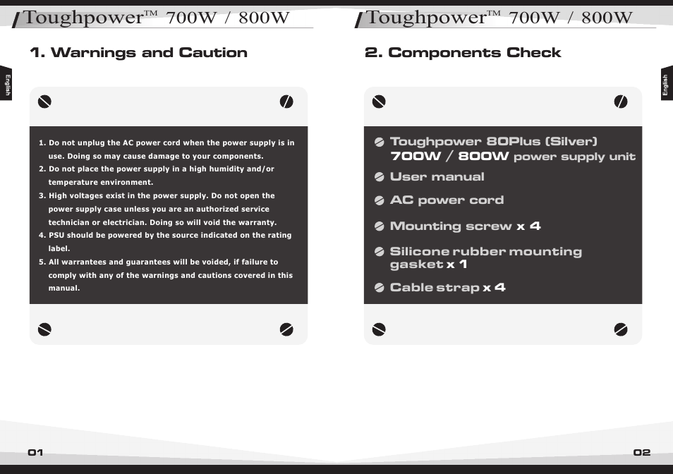 Toughpower, Warnings and caution 2. components check | Thermaltake W0296 User Manual | Page 3 / 6