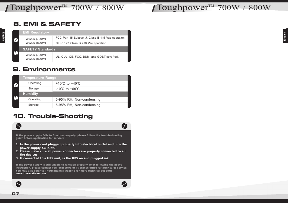 Toughpower, Emi & safety 9. environments, Trouble-shooting | Thermaltake W0296 User Manual | Page 6 / 6
