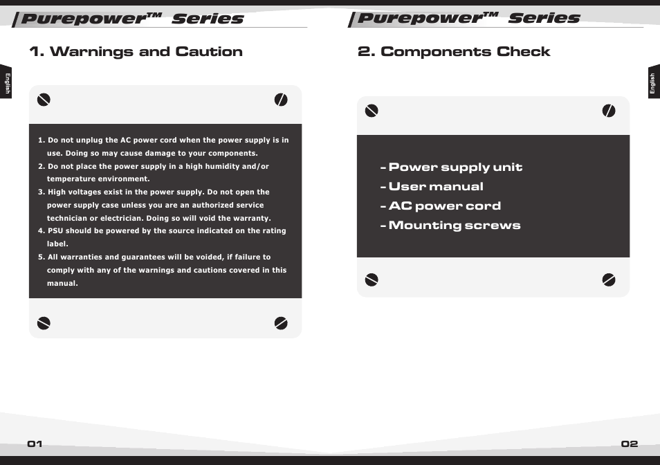 Warnings and caution 2. components check, Purepower series | Thermaltake Purepower W0330RU User Manual | Page 3 / 16
