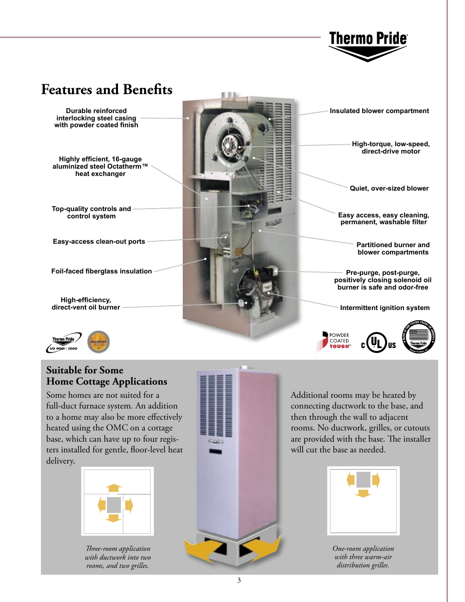 Features and beneﬁts, Suitable for some home cottage applications | Thermo Products Built Tough for Lifetime Comfort OMC-70 User Manual | Page 3 / 4