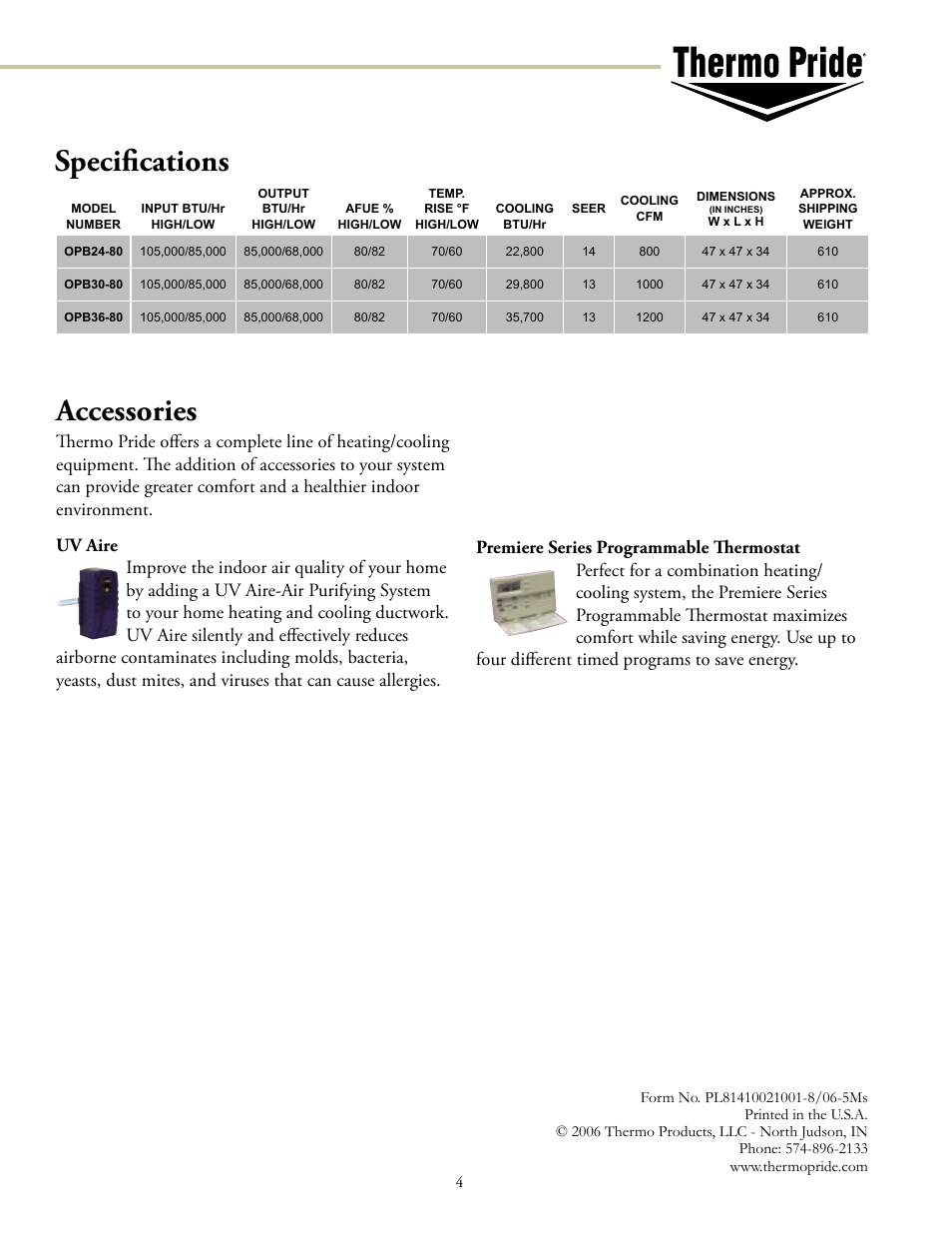 Speciﬁcations, Accessories | Thermo Products 14 SEER User Manual | Page 4 / 4