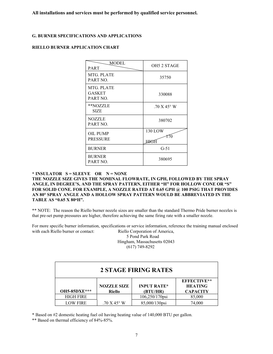 2 stage firing rates | Thermo Products OH5-85DXE User Manual | Page 10 / 17