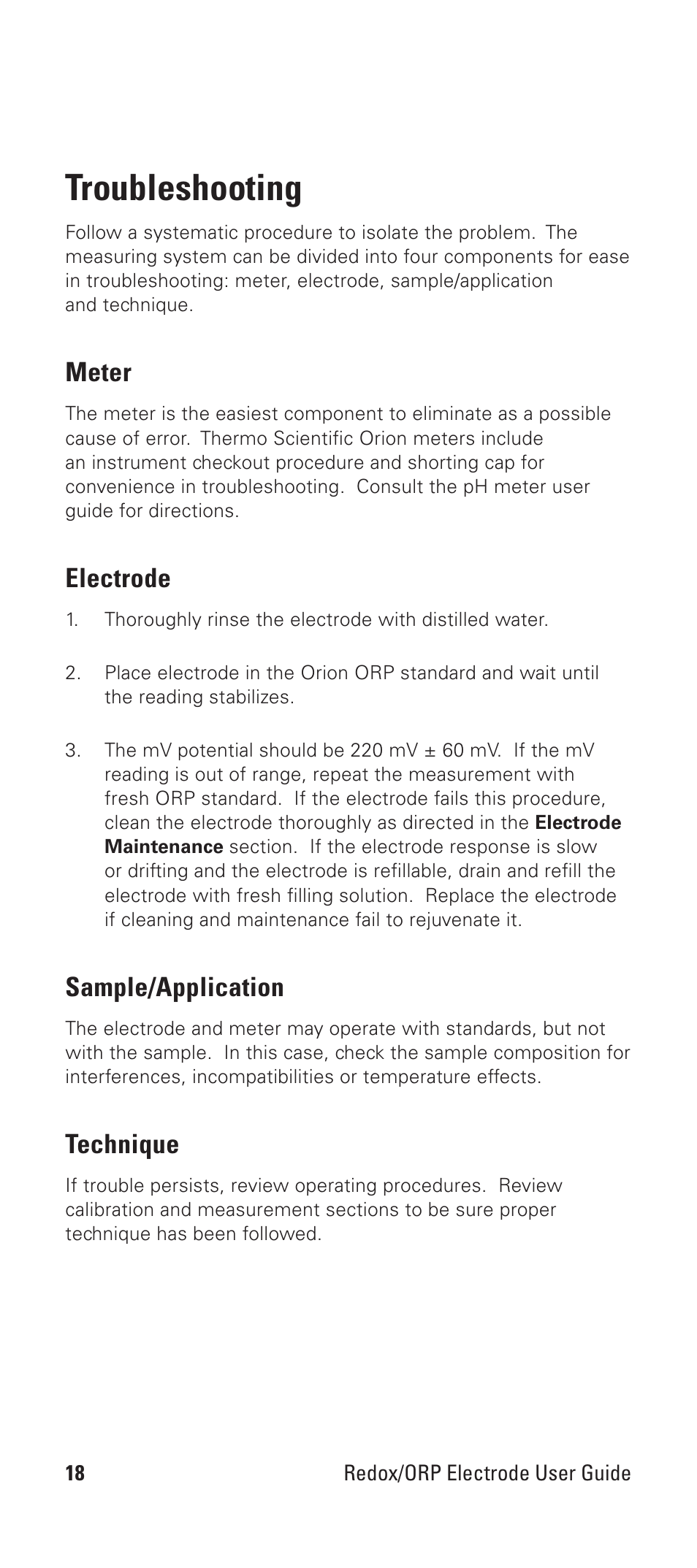 Troubleshooting, Meter, Electrode | Sample/application, Technique | Thermo Products REDOX/ORP 9678BNWP User Manual | Page 20 / 23