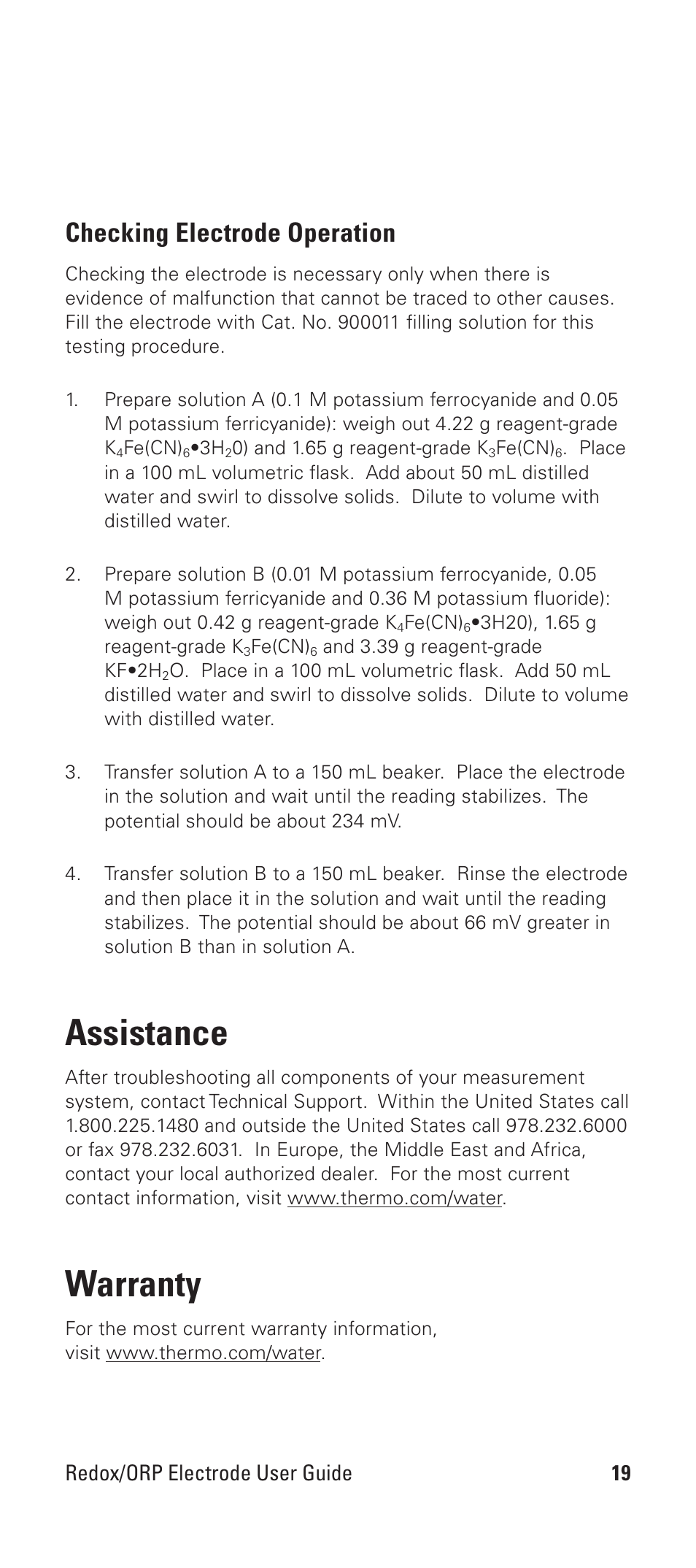 Assistance, Warranty, Checking electrode operation | Redox/orp electrode user guide | Thermo Products REDOX/ORP 9678BNWP User Manual | Page 21 / 23