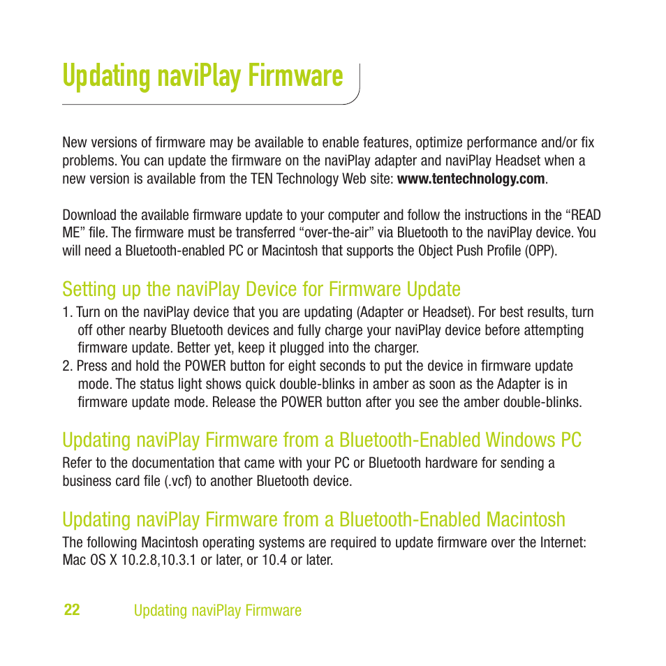 Updating naviplay firmware, Setting up the naviplay device for firmware update | TEN Technology naviPlay Bluetooth Stereo Headset Kit for iPod User Manual | Page 22 / 32