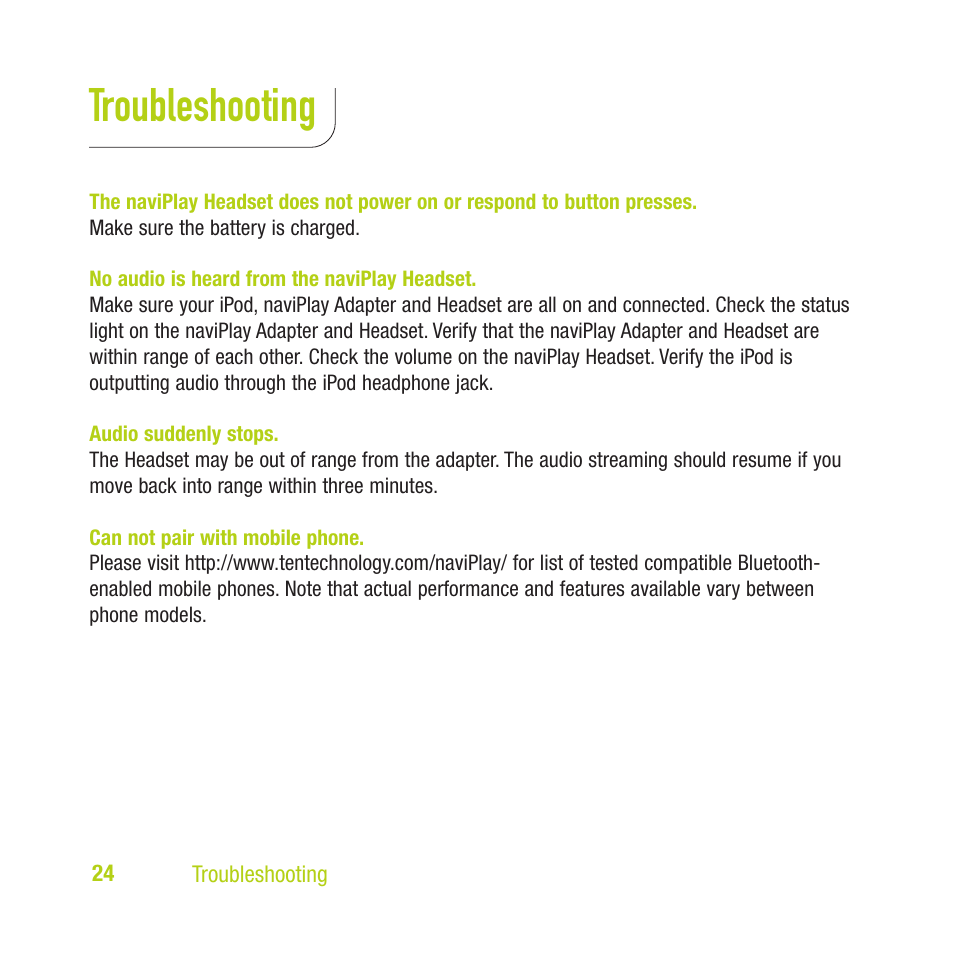 Troubleshooting | TEN Technology naviPlay Bluetooth Stereo Headset Kit for iPod User Manual | Page 24 / 32