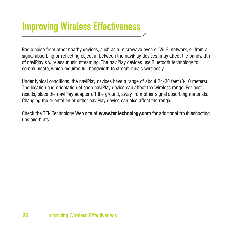 Improving wireless effectiveness | TEN Technology naviPlay Bluetooth Stereo Headset Kit for iPod User Manual | Page 26 / 32