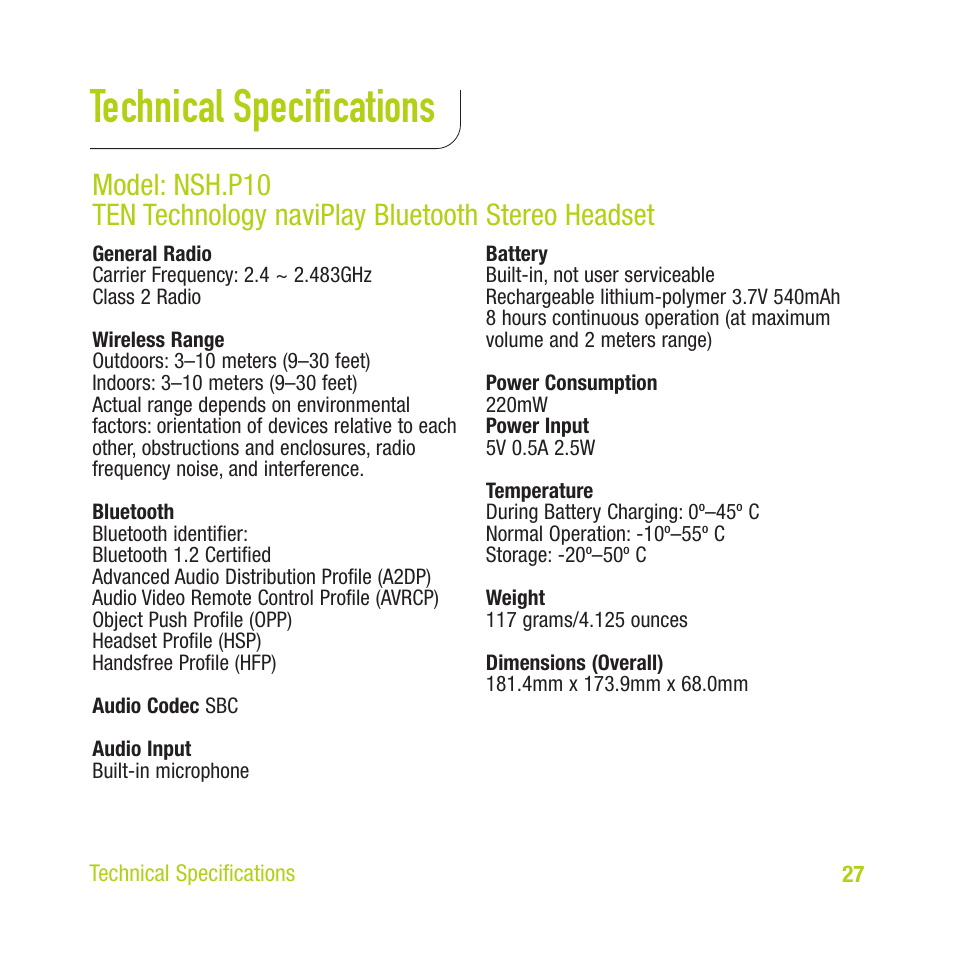 Technical specifications | TEN Technology naviPlay Bluetooth Stereo Headset Kit for iPod User Manual | Page 27 / 32
