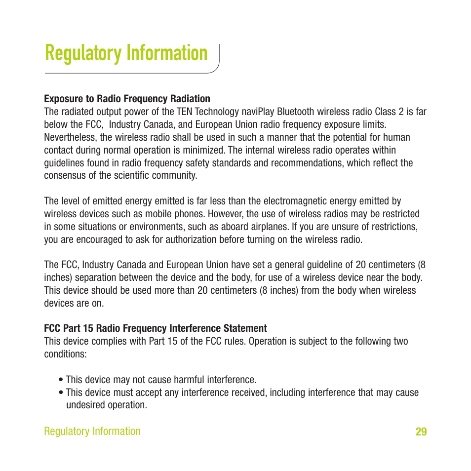 Regulatory information | TEN Technology naviPlay Bluetooth Stereo Headset Kit for iPod User Manual | Page 29 / 32