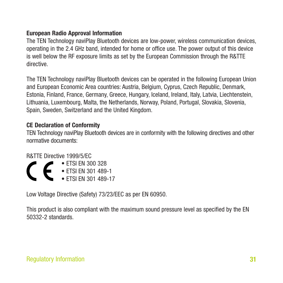 TEN Technology naviPlay Bluetooth Stereo Headset Kit for iPod User Manual | Page 31 / 32
