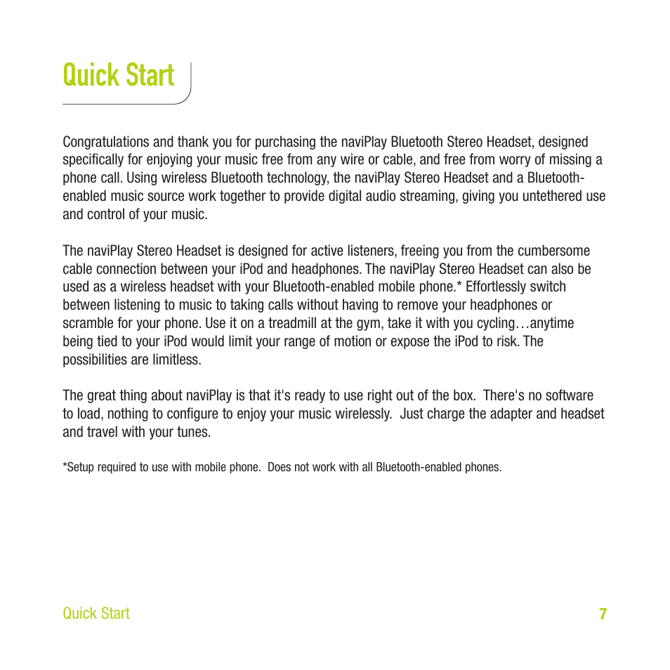 Quick start | TEN Technology naviPlay Bluetooth Stereo Headset Kit for iPod User Manual | Page 7 / 32