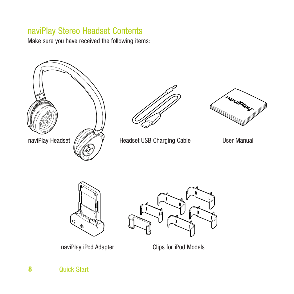 Naviplay stereo headset contents | TEN Technology naviPlay Bluetooth Stereo Headset Kit for iPod User Manual | Page 8 / 32