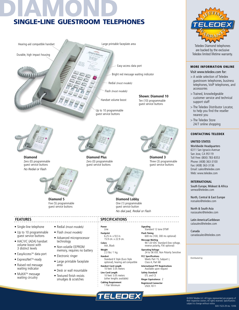 Diamond, Single, Line guestroom telephones | Teledex Diamond 5 User Manual | Page 2 / 2