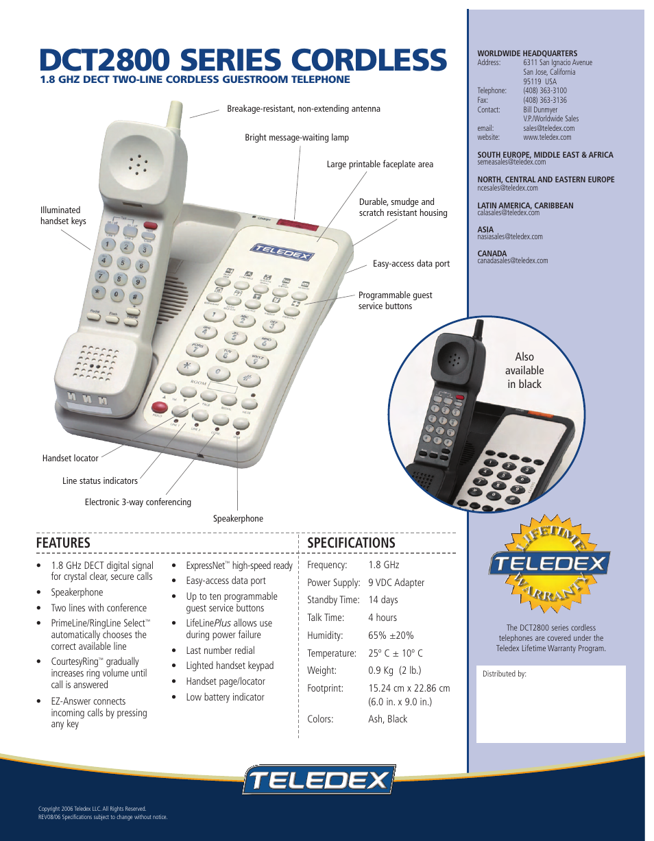 Dct2800 series cordless, Features, Specifications | Teledex DCT2800 Series User Manual | Page 2 / 2