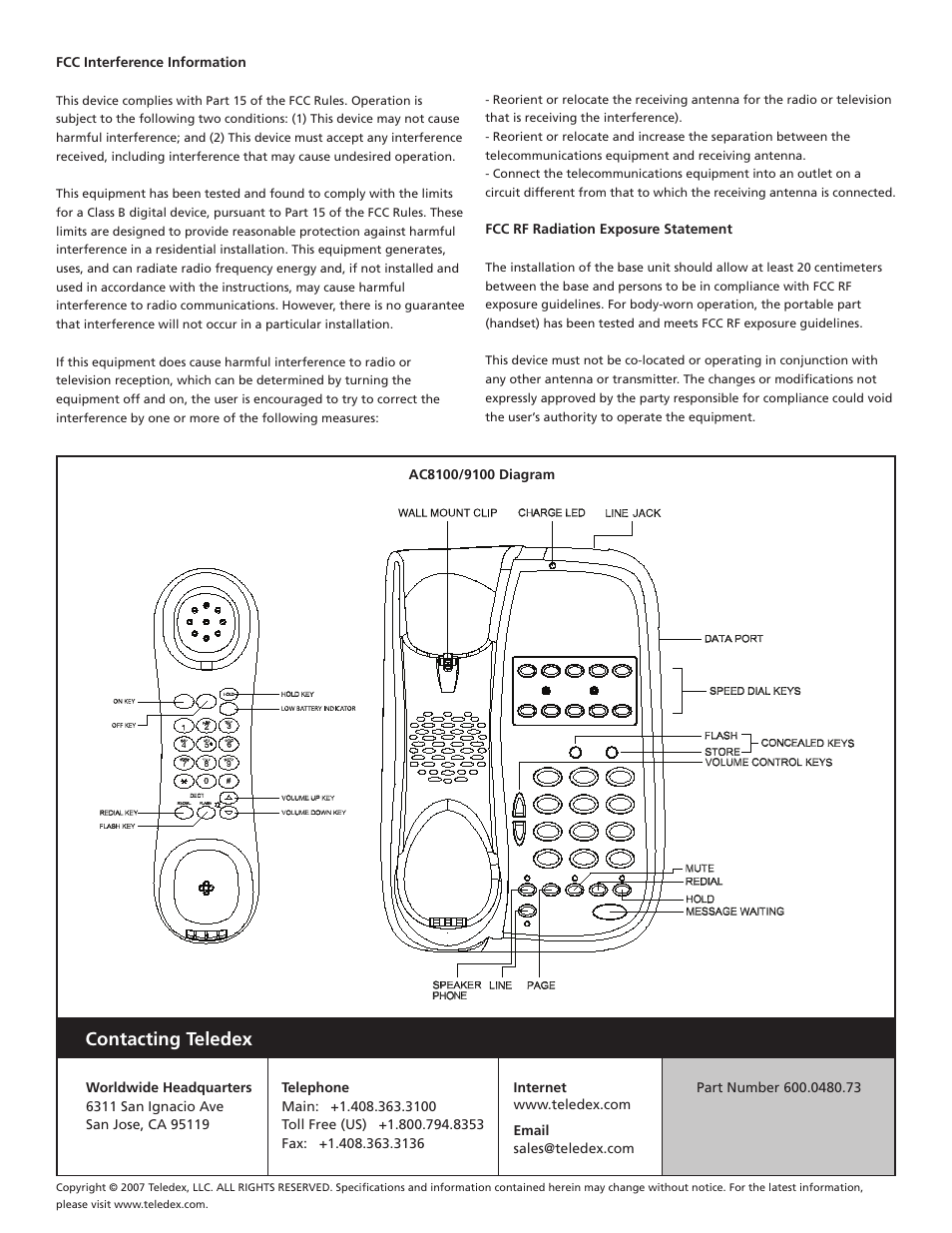 Contacting teledex | Teledex AC9105S User Manual | Page 4 / 4