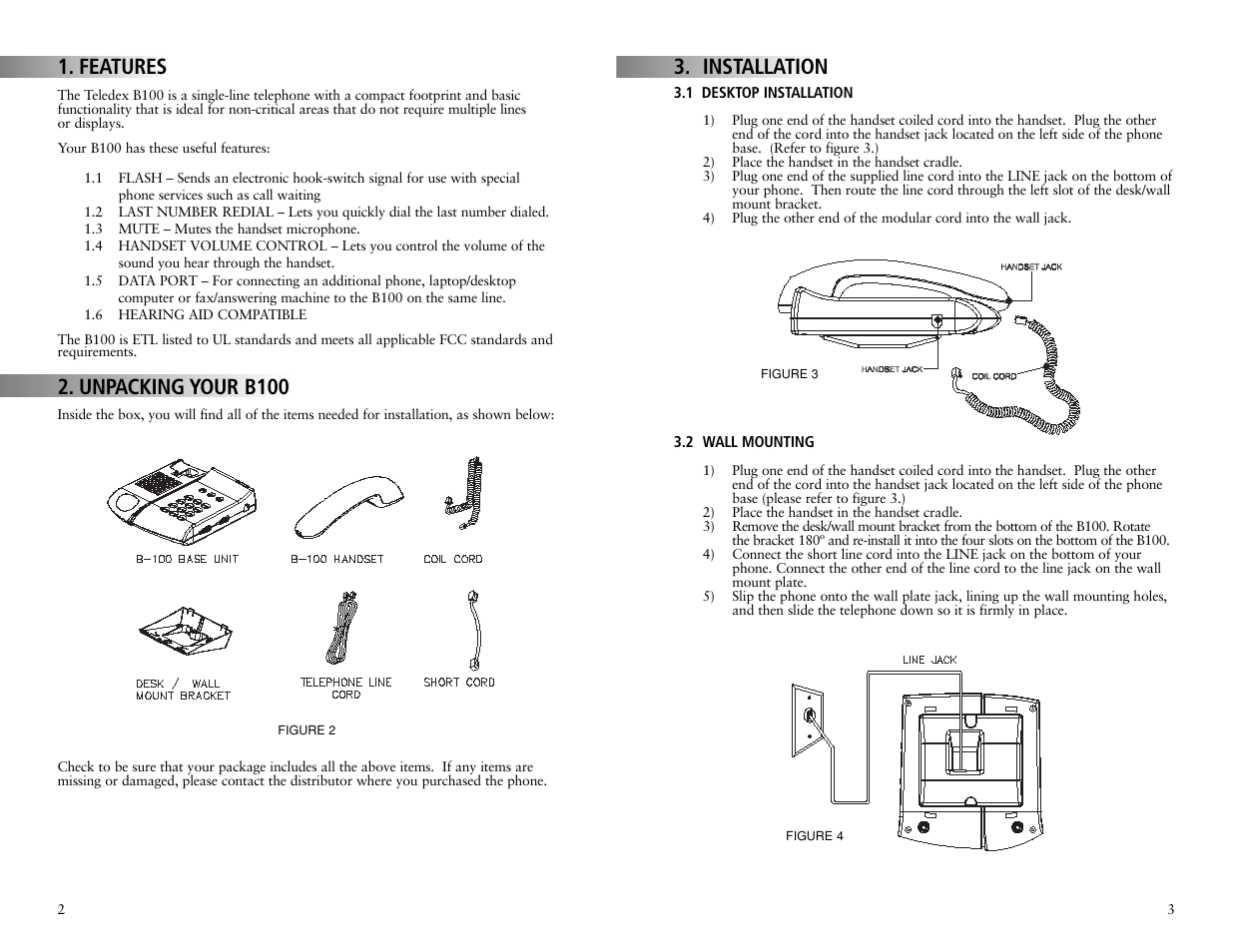 Features, Unpacking your b100, Installation | Teledex B100 User Manual | Page 3 / 7