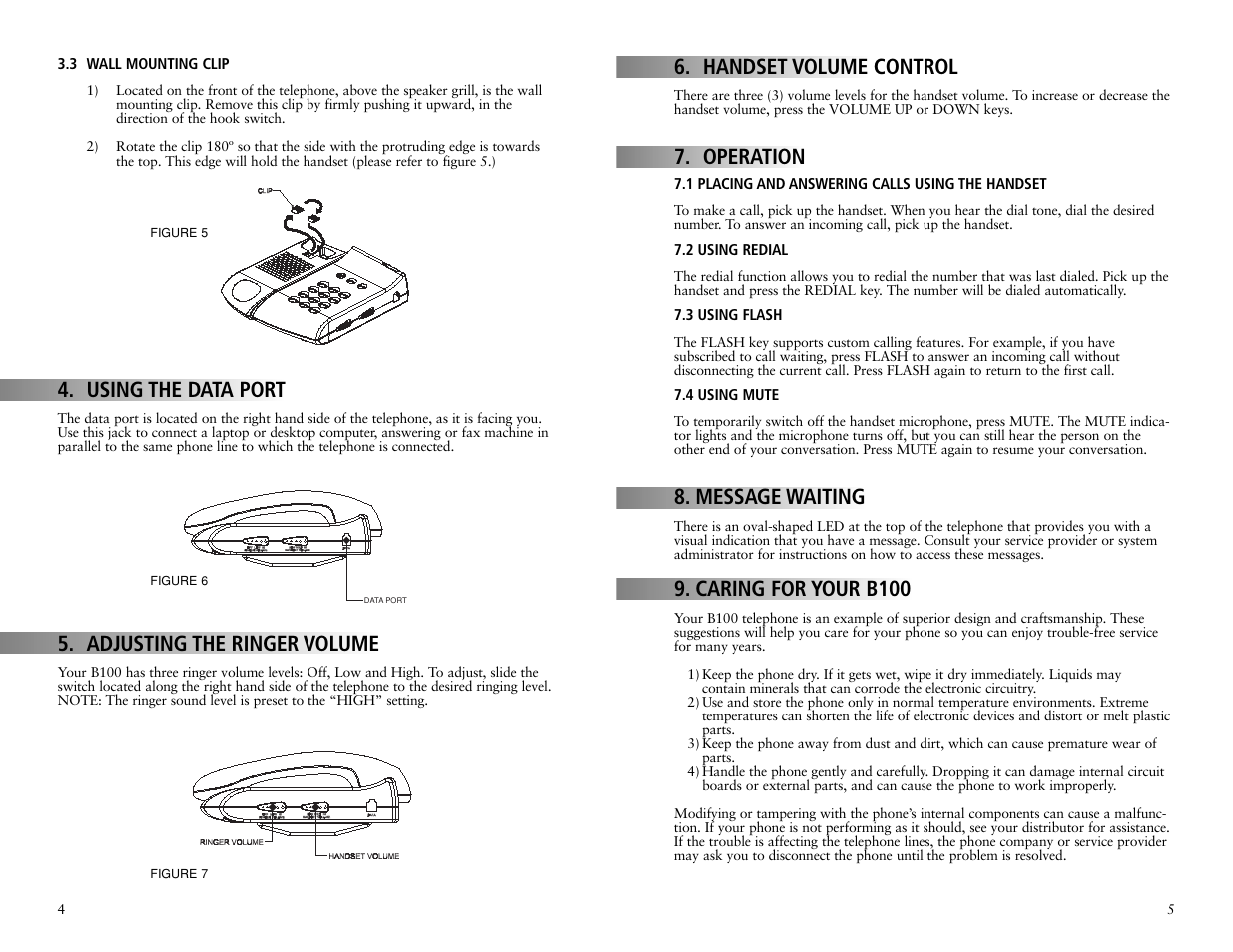 Using the data port, Adjusting the ringer volume, Handset volume control | Operation, Message waiting, Caring for your b100 | Teledex B100 User Manual | Page 4 / 7