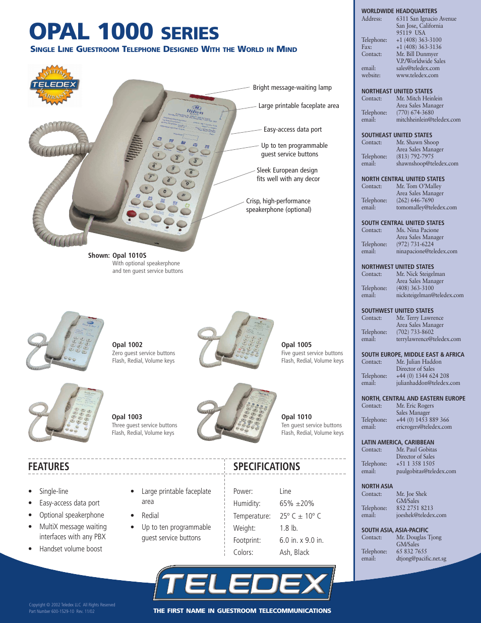 Opal 1000, Series, Features | Specifications | Teledex 1000 User Manual | Page 2 / 2