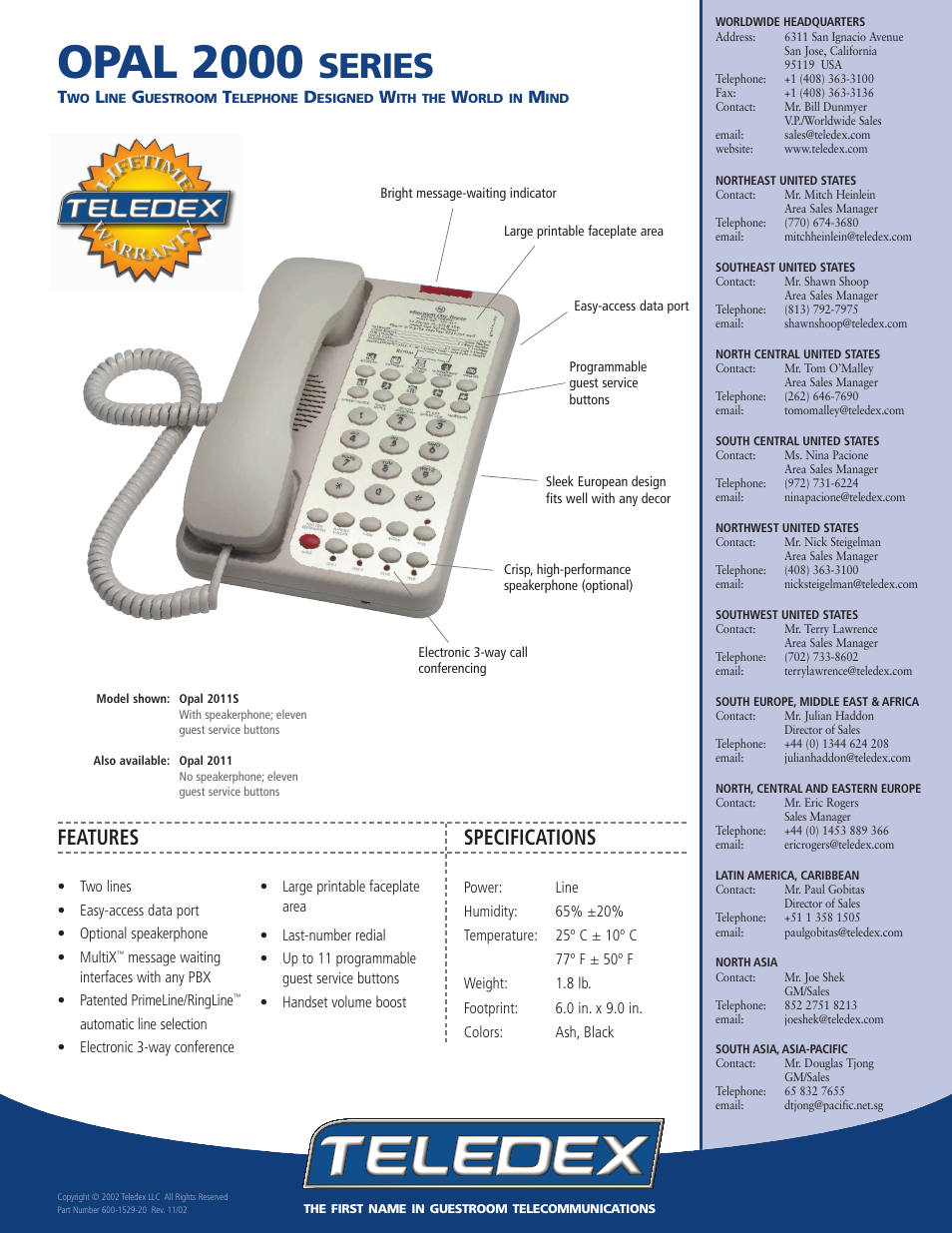 Opal 2000, Series, Features | Specifications | Teledex 2000 User Manual | Page 2 / 2