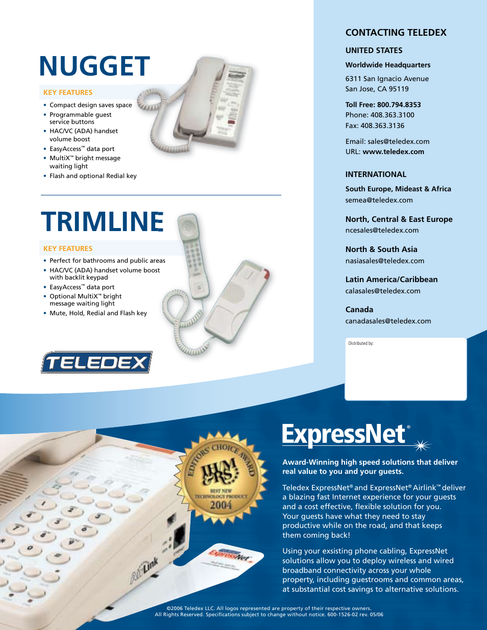 Trimline, Nugget, Expressnet | Contacting teledex | Teledex Guestroom Phones User Manual | Page 4 / 4