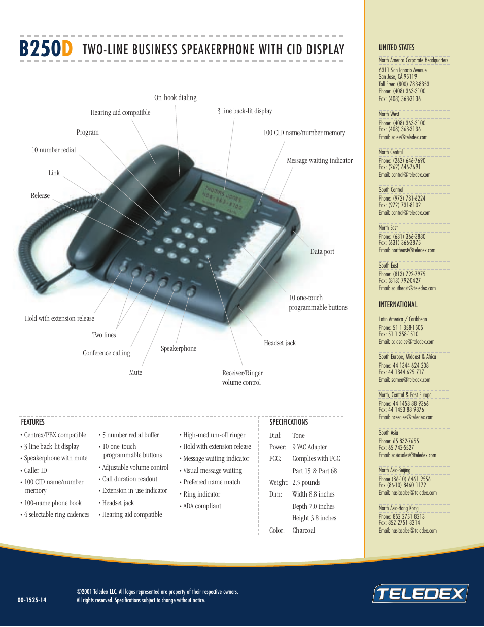 B250 d, Two-line business speakerphone with cid display | Teledex B250D User Manual | Page 2 / 2