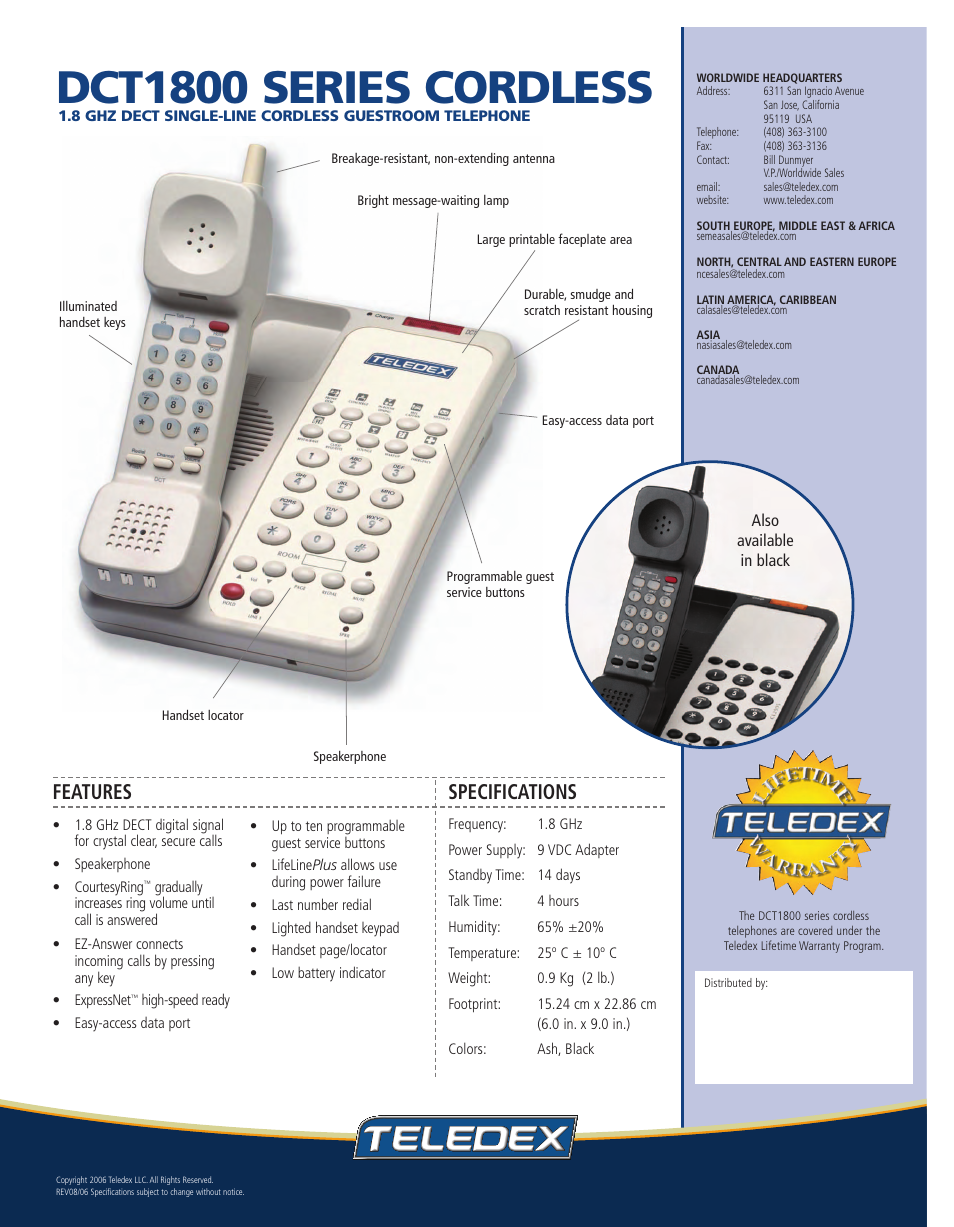 Dct1800 series cordless, Features, Specifications | Teledex DCT1800 Series User Manual | Page 2 / 2
